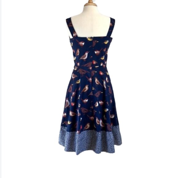 Handmade bird print swing dress rockabilly cotton sundress navy flowers 10, M/L - Picture 2 of 5